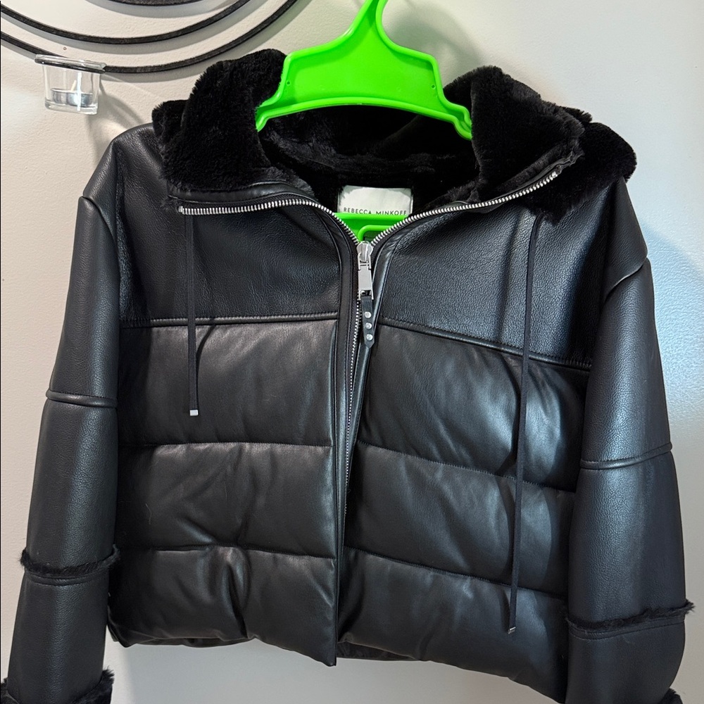 Rebbeca Minkoff Black Puffer Jacket with Faux Fur Trim